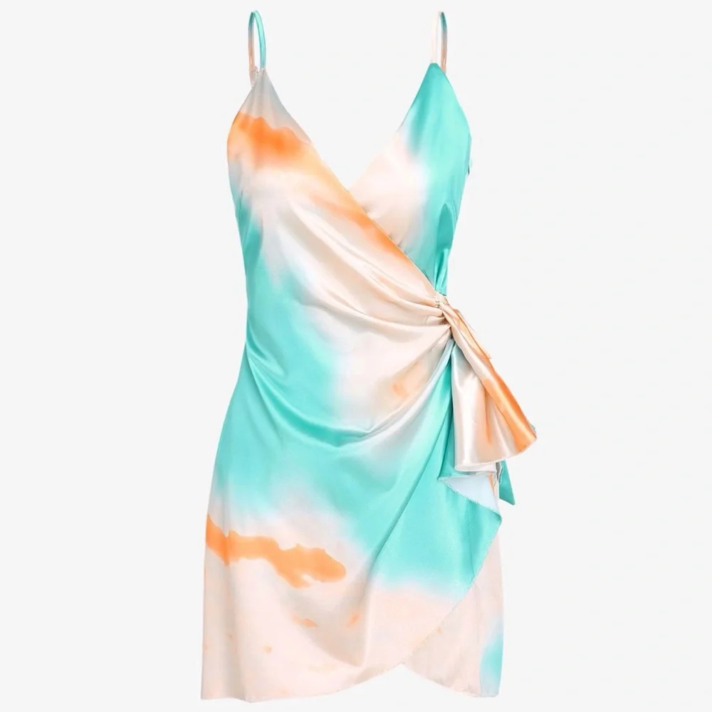 Onëleven NWT Water Color Wrap Mini Dress in Cream/Turquoise/Orange Size Small
